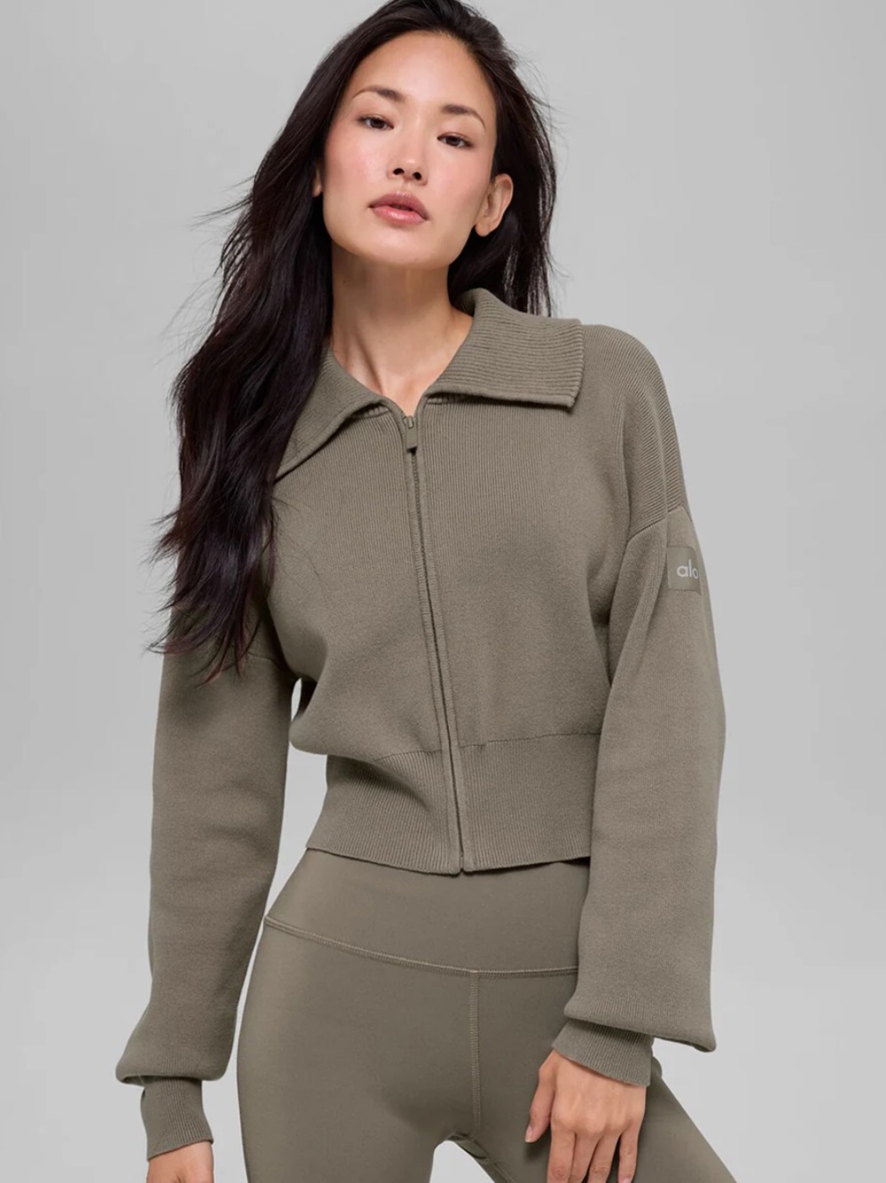 NWT Alo Yoga Scholar Knit Cropped Full Zip Jacket Light Cocoa Medium